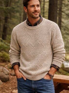 L.L. Bean Men's Cream Textured Crewneck Sweater